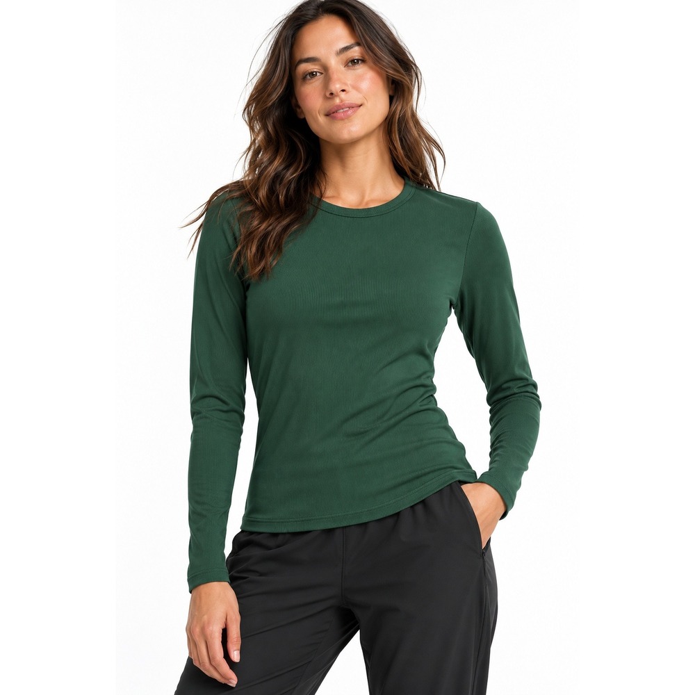 Athleta Signature Rib Crew Long Sleeve Top Forest Green Modal Blend Size M